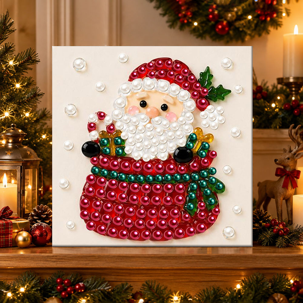 Finished santa hiding in gift sack pearl diamond painting artwork displayed as holiday home decor