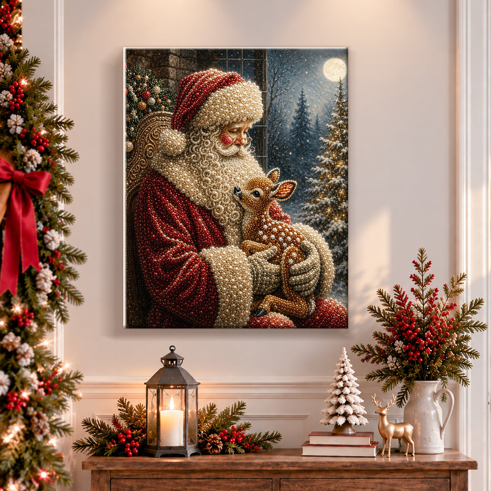 Finished santa holding baby deer pearl diamond painting artwork displayed as holiday home decor