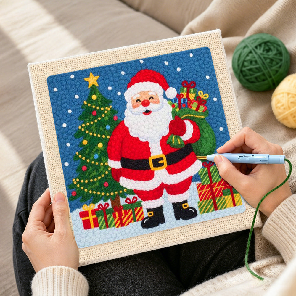 Creating handmade santa holding gift sack punch needle artwork