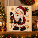 Finished santa holding glowing lantern pearl diamond painting artwork displayed as holiday home decor