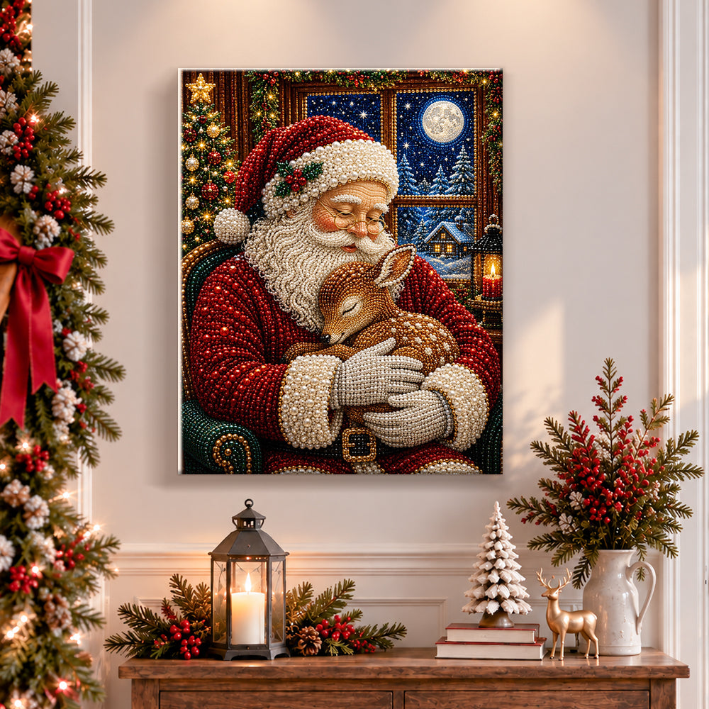 Finished santa holding sleeping fawn pearl diamond painting artwork displayed as holiday home decor