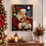 Finished santa holding sleeping fawn pearl diamond painting artwork displayed as holiday home decor