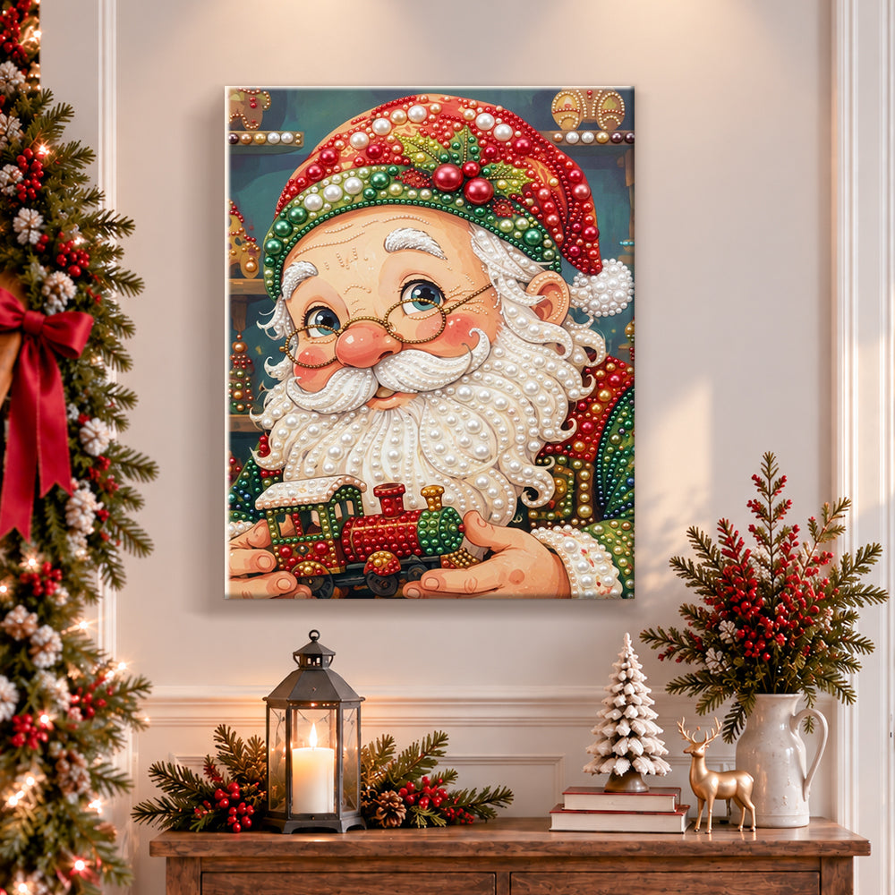 Finished santa holding toy train pearl diamond painting artwork displayed as holiday home decor