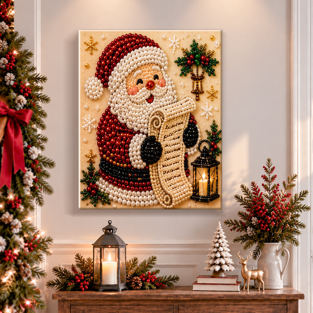 Finished santa holding wish list scroll pearl diamond painting artwork displayed as holiday home decor