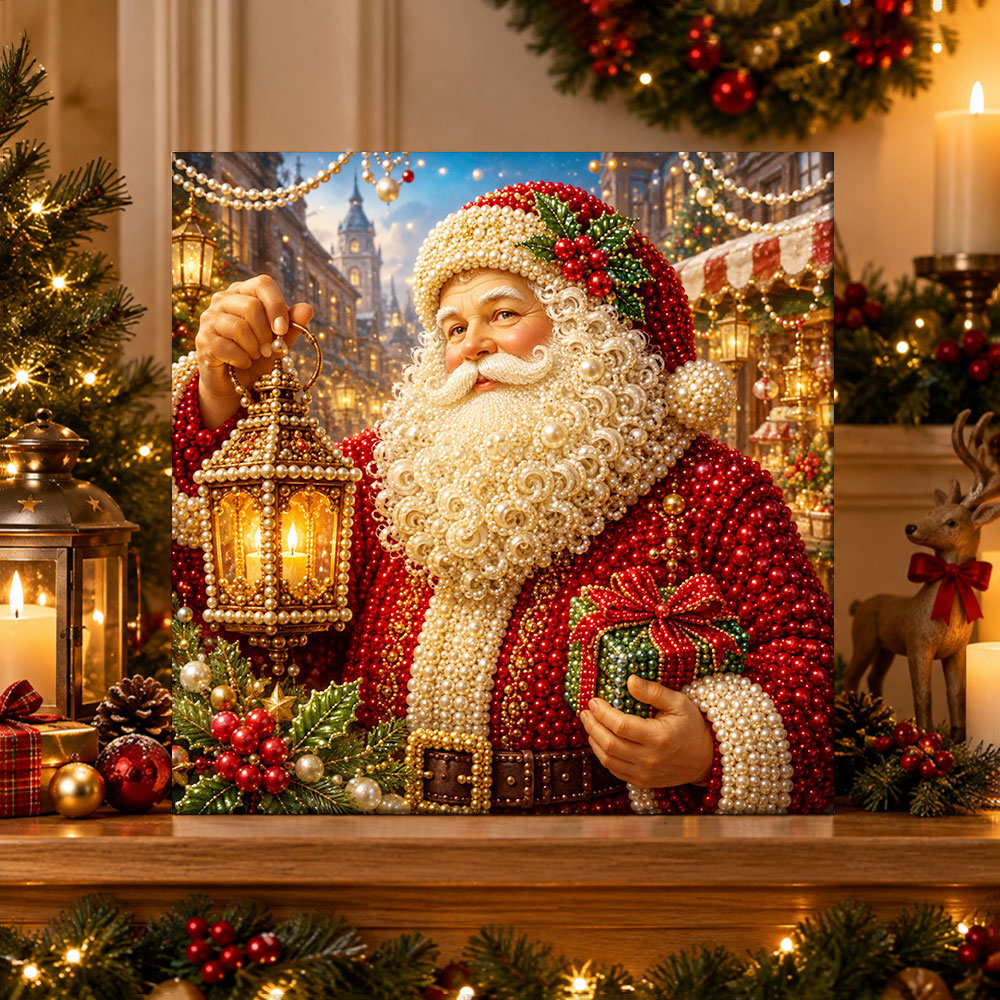 Finished santa in christmas town pearl diamond painting artwork displayed as holiday home decor