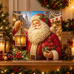 Finished santa in christmas town pearl diamond painting artwork displayed as holiday home decor