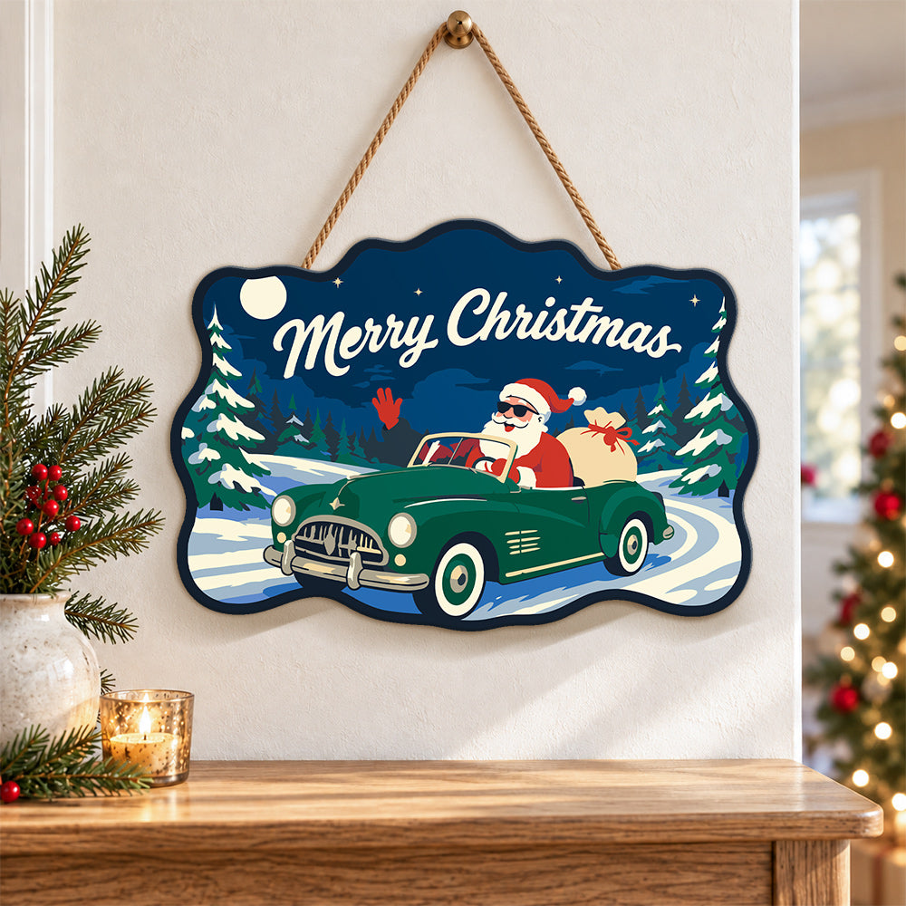 Santa in green vintage car paint by numbers door hanger as indoor wall decor