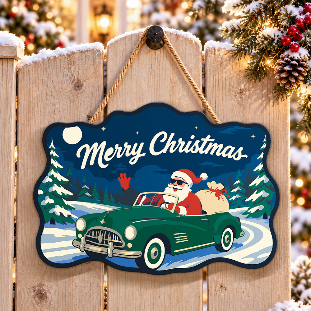 Santa in green vintage car paint by numbers door hanger on a garden gate