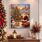 Finished santa in snowy christmas village pearl diamond painting artwork displayed as holiday home decor