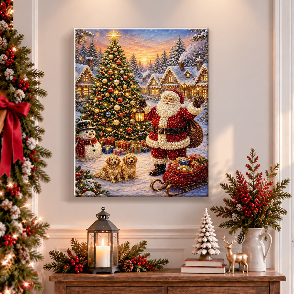 Finished santa in snowy christmas village pearl diamond painting artwork displayed as holiday home decor