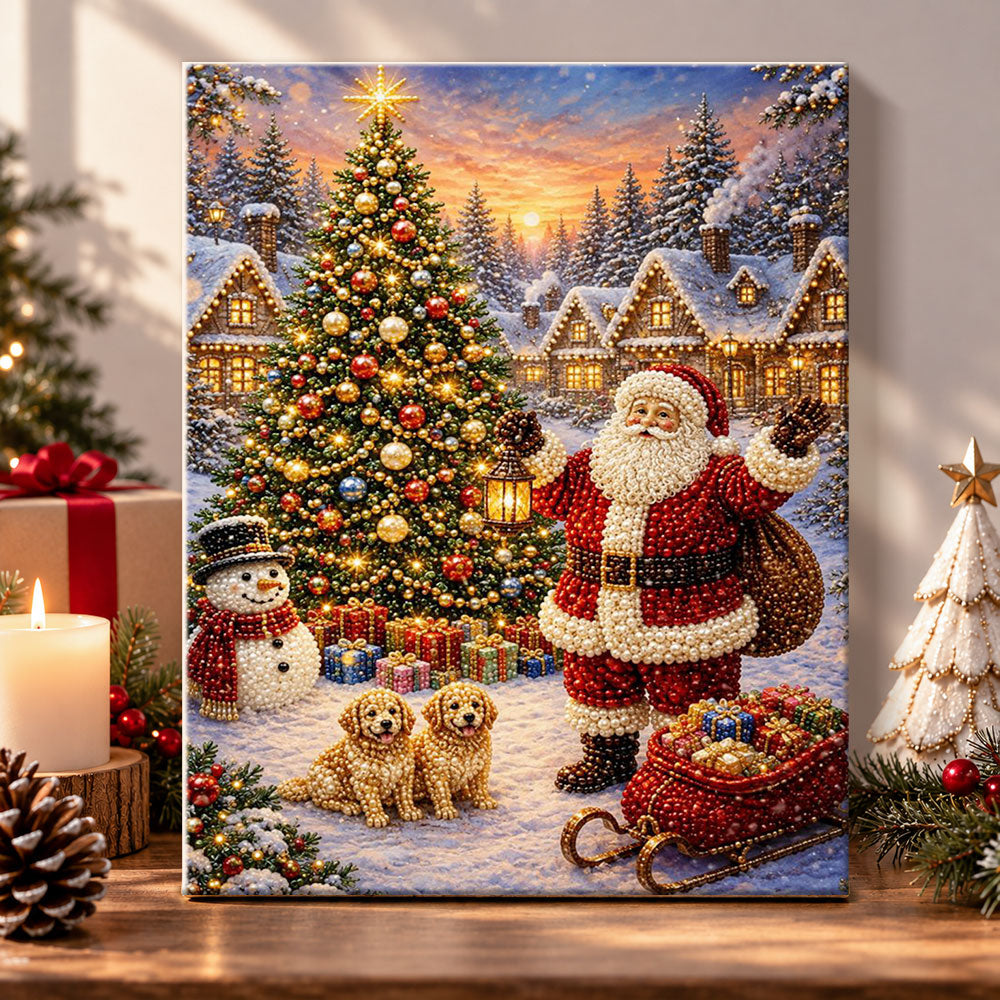 Santa in snowy christmas village pearl diamond painting kit for beginners