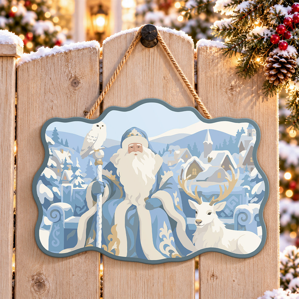 Santa in snowy village paint by numbers door hanger on a garden gate