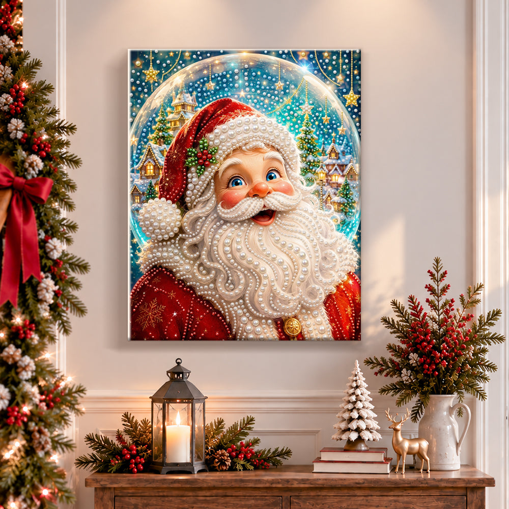 Finished santa inside crystal snow globe pearl diamond painting artwork displayed as holiday home decor