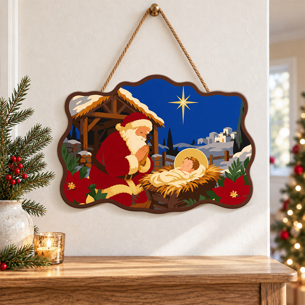 Santa kneels in prayer paint by numbers door hanger as indoor wall decor