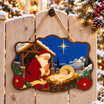 Santa kneels in prayer paint by numbers door hanger on a garden gate