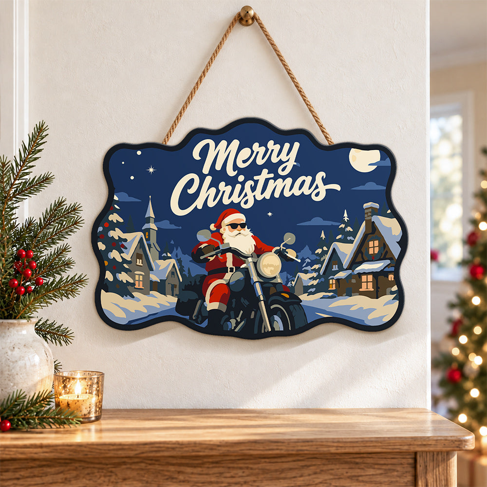 Santa motorcycle snow village paint by numbers door hanger as indoor wall decor