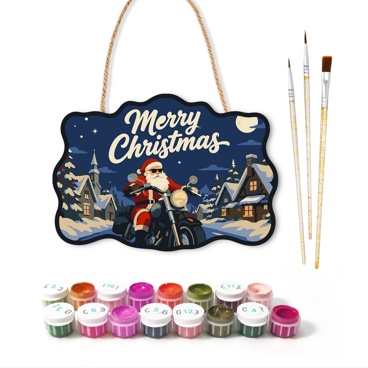 Santa motorcycle snow village paint by numbers door hanger with paints and brushes