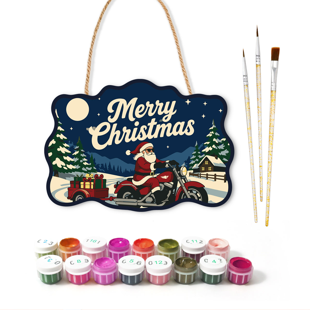Santa motorcycle with gift trailer paint by numbers door hanger with paints and brushes