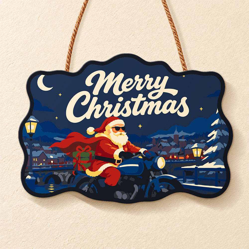 Santa on blue motorcycle paint by numbers door hanger finished design