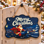 Santa on blue motorcycle paint by numbers door hanger on a garden gate