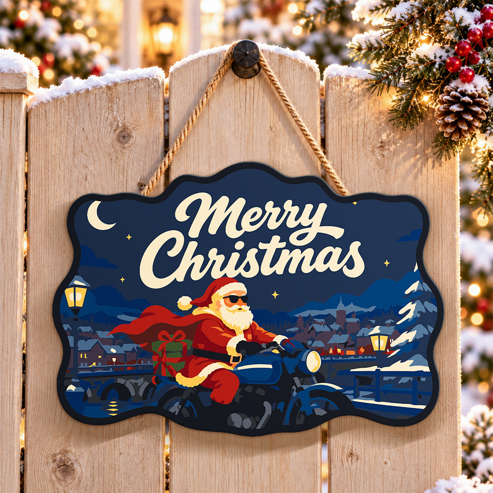 Santa on blue motorcycle paint by numbers door hanger on a garden gate