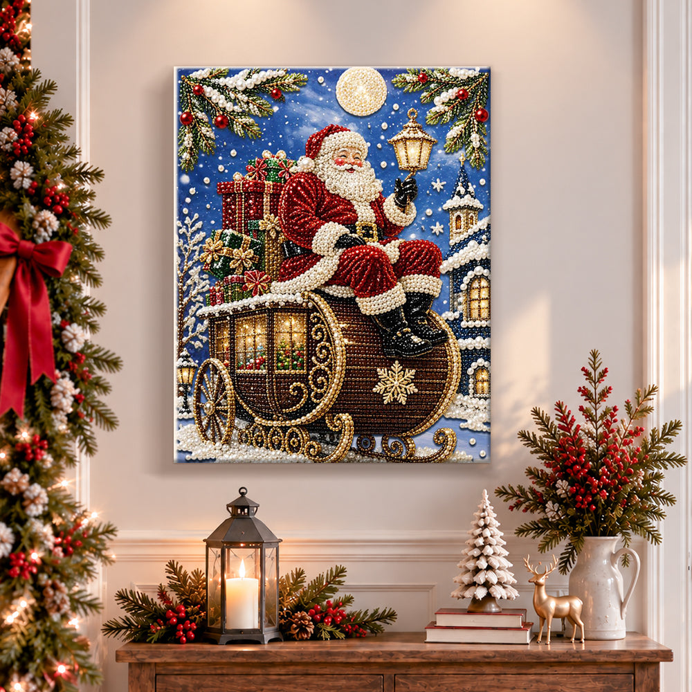 Finished santa on festive sleigh carriage pearl diamond painting artwork displayed as holiday home decor