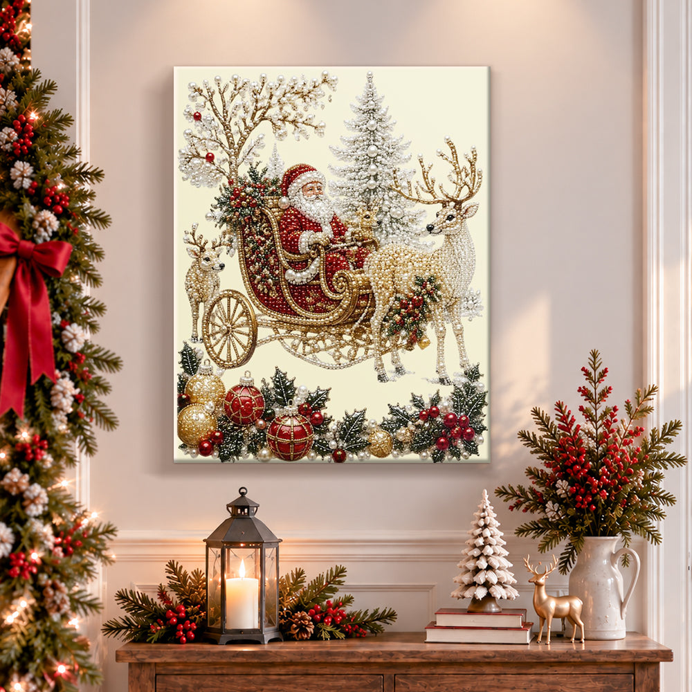 Finished santa on reindeer sleigh pearl diamond painting artwork displayed as holiday home decor
