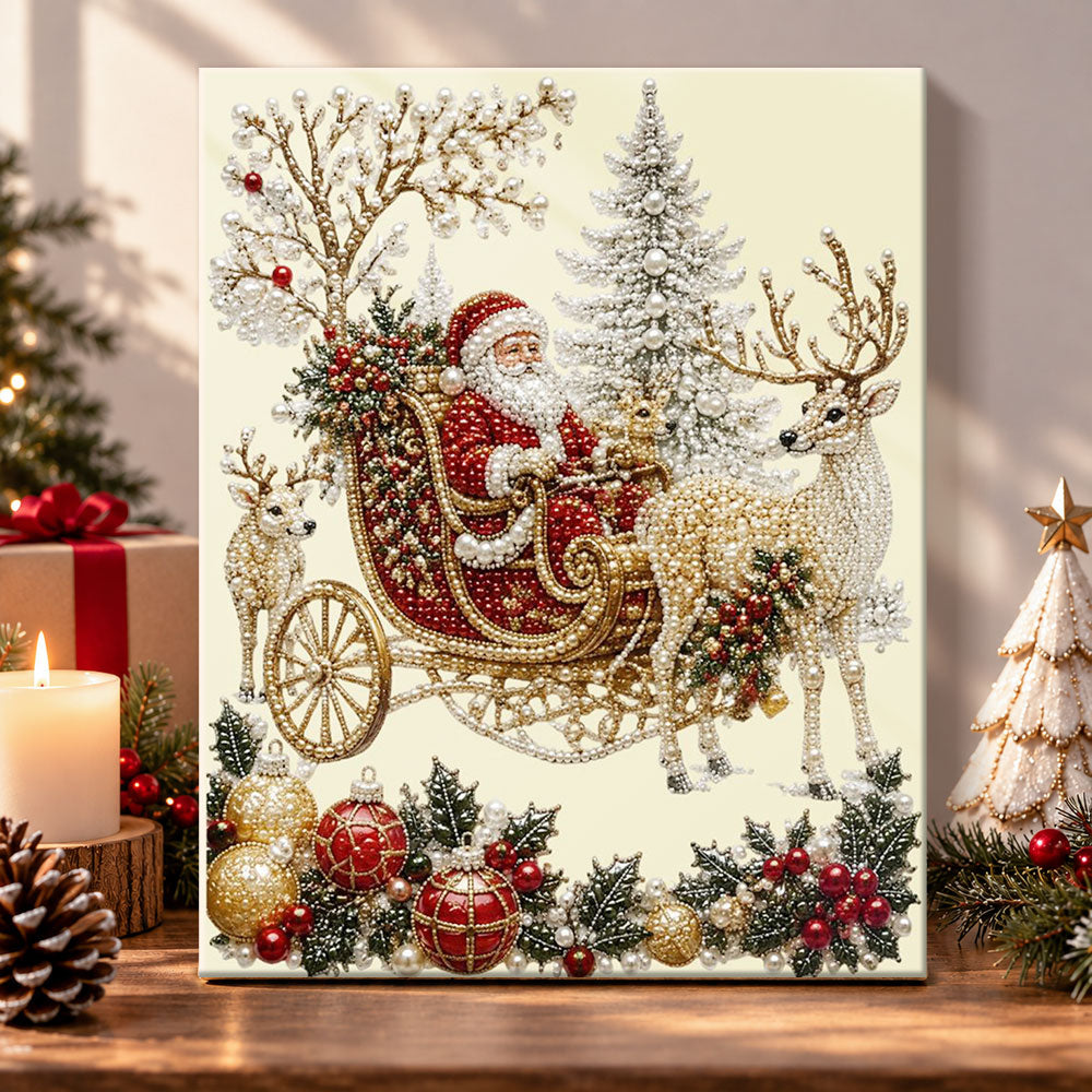 Santa on reindeer sleigh pearl diamond painting kit for beginners