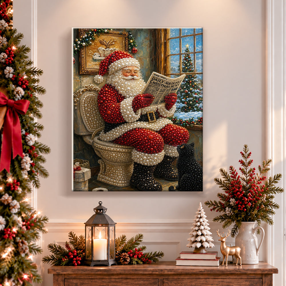 Finished santa reading newspaper on toilet pearl diamond painting artwork displayed as holiday home decor