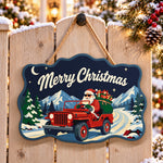 Santa red off road jeep paint by numbers door hanger on a garden gate