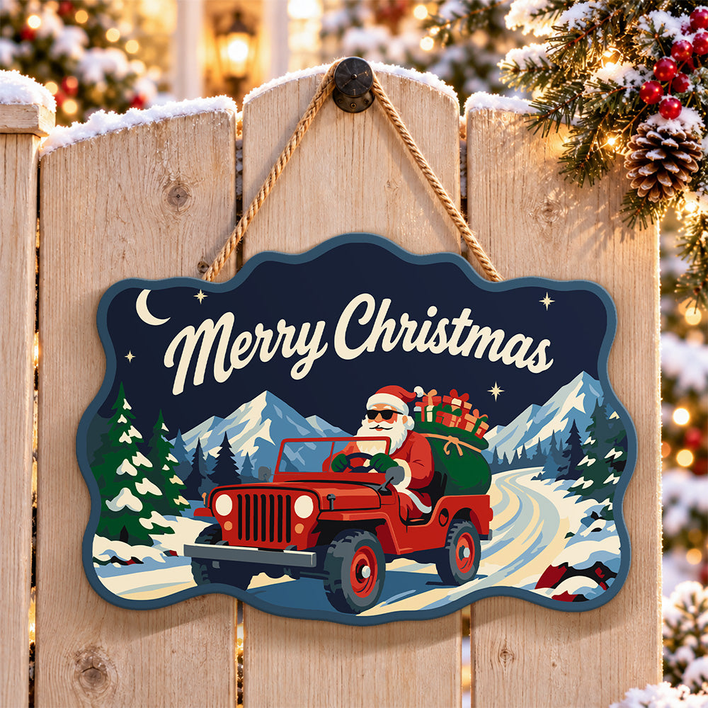 Santa red off road jeep paint by numbers door hanger on a garden gate