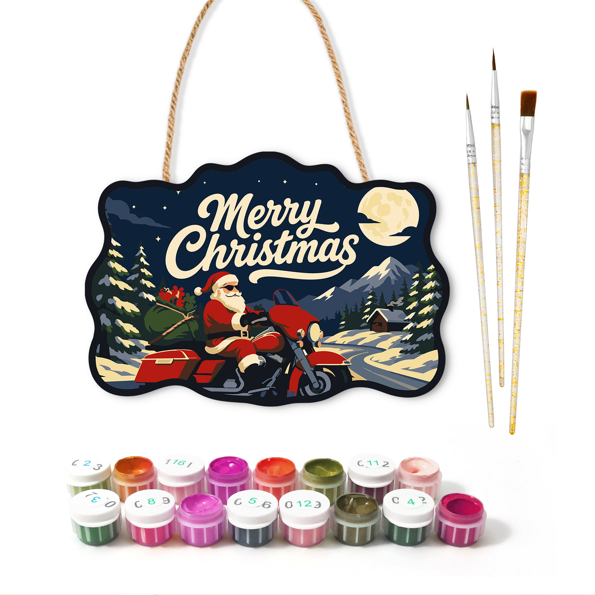 Santa red touring motorcycle paint by numbers door hanger with paints and brushes