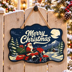 Santa red touring motorcycle paint by numbers door hanger on a garden gate