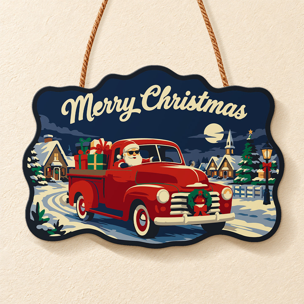 Santa red vintage pickup truck paint by numbers door hanger finished design