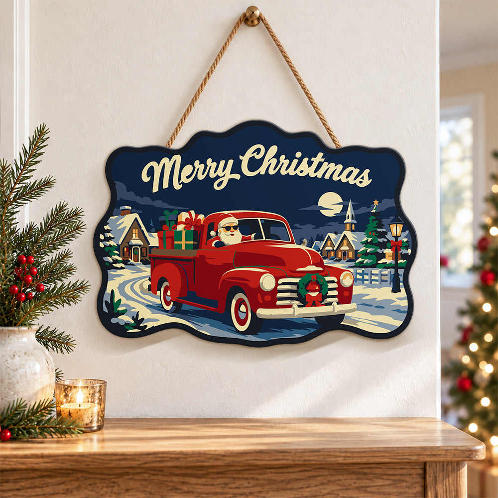 Santa red vintage pickup truck paint by numbers door hanger as indoor wall decor