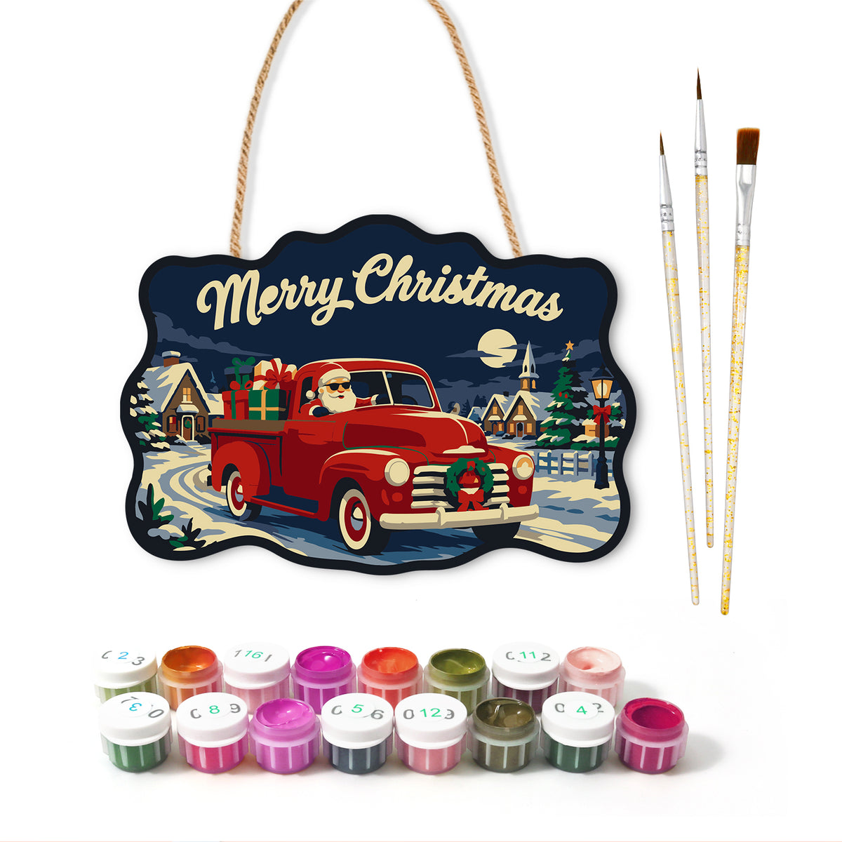 Santa red vintage pickup truck paint by numbers door hanger with paints and brushes