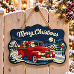 Santa red vintage pickup truck paint by numbers door hanger on a garden gate