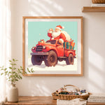 Finished santa red vintage truck cross stitch artwork displayed as home decor