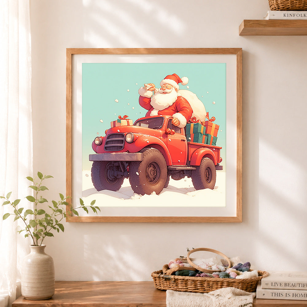 Finished santa red vintage truck cross stitch artwork displayed as home decor