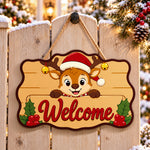 Santa reindeer welcome paint by numbers door hanger on a garden gate