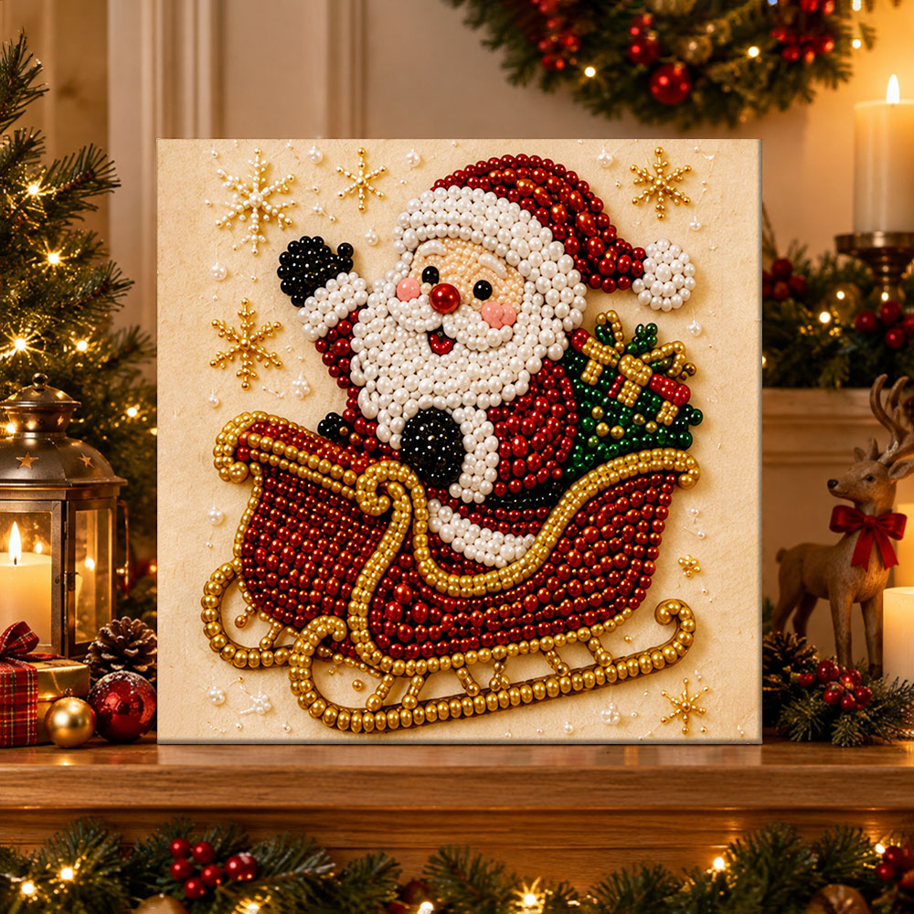 Finished santa riding golden sleigh pearl diamond painting artwork displayed as holiday home decor