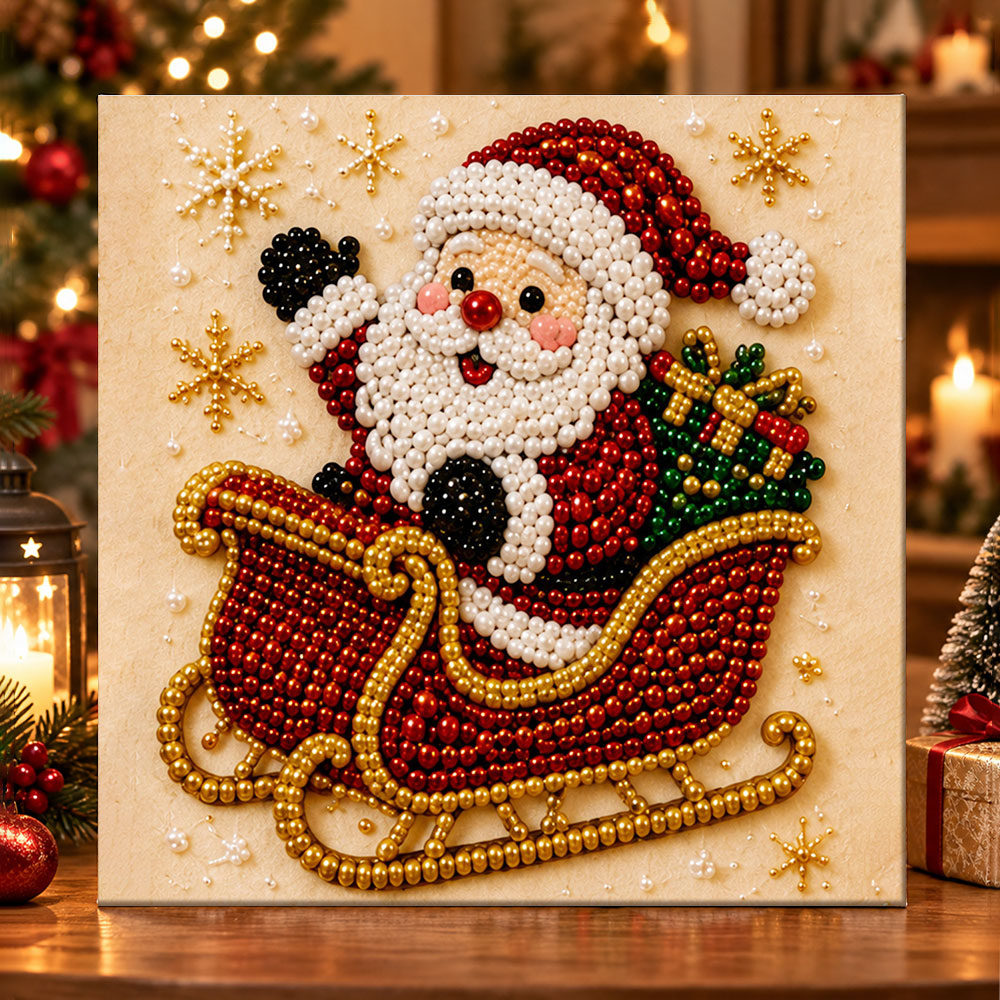 Santa riding golden sleigh pearl diamond painting kit for beginners
