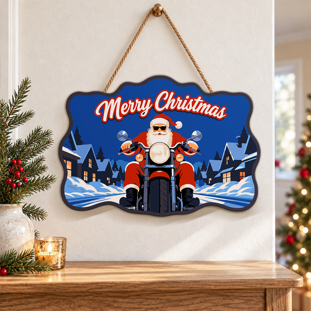 Santa riding motorcycle paint by numbers door hanger as indoor wall decor
