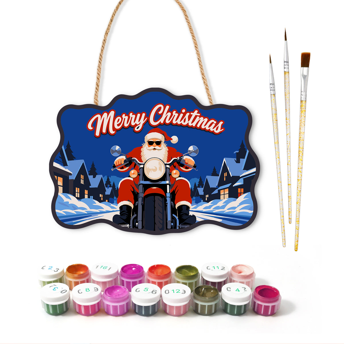 Santa riding motorcycle paint by numbers door hanger with paints and brushes