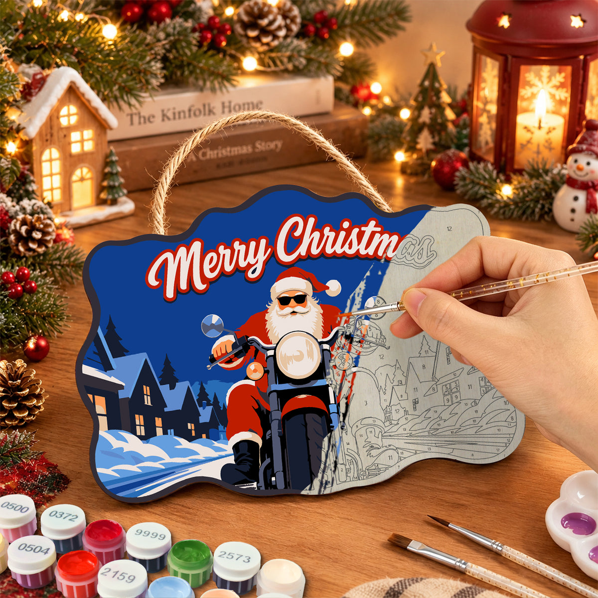 Santa riding motorcycle paint by numbers door hanger painting process