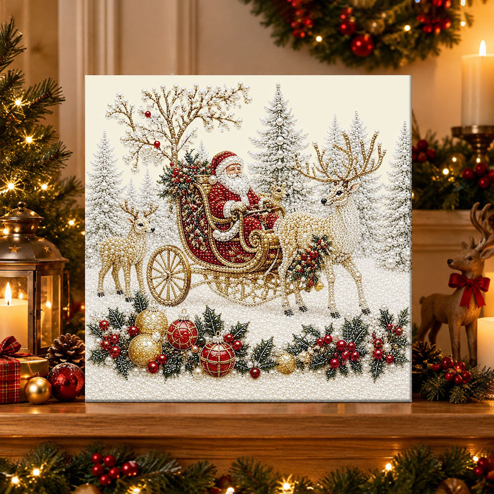 Finished santa riding reindeer sleigh pearl diamond painting artwork displayed as holiday home decor