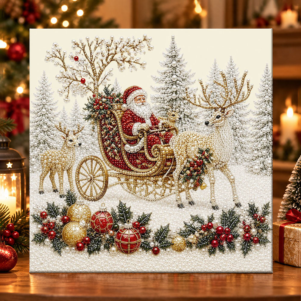 Santa riding reindeer sleigh pearl diamond painting kit for beginners