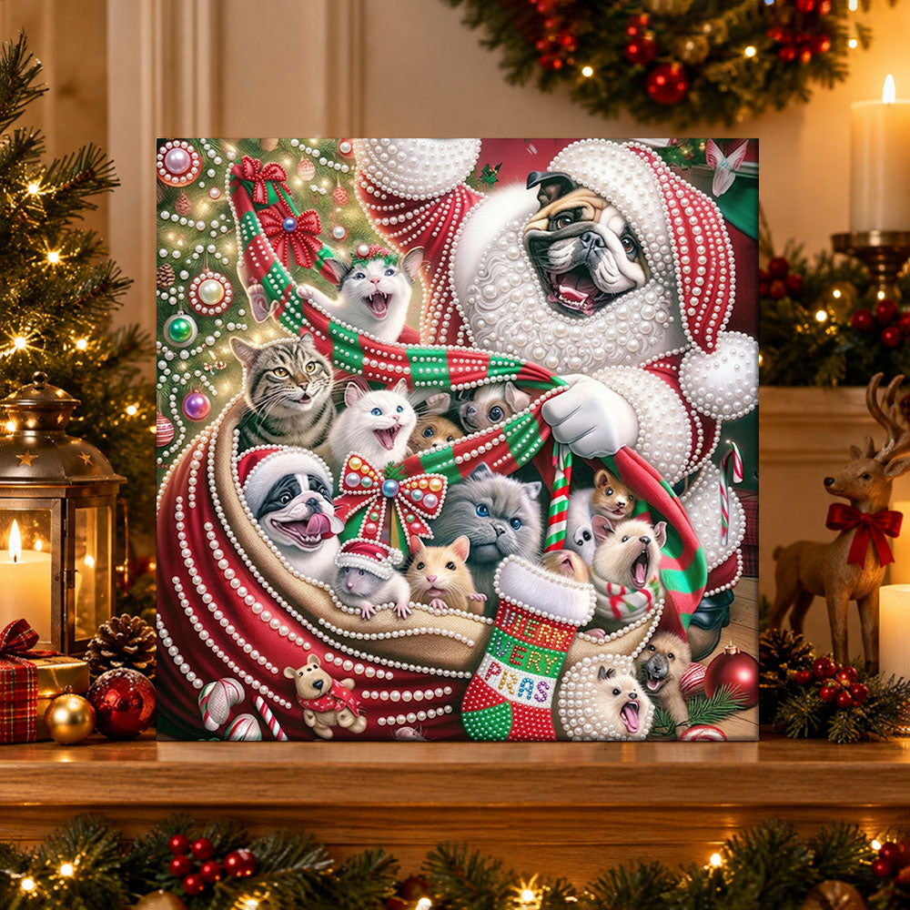Finished santa sack full of pets pearl diamond painting artwork displayed as holiday home decor