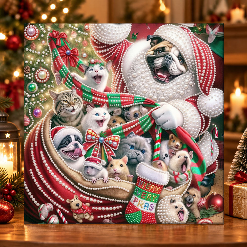 Santa sack full of pets pearl diamond painting kit for beginners