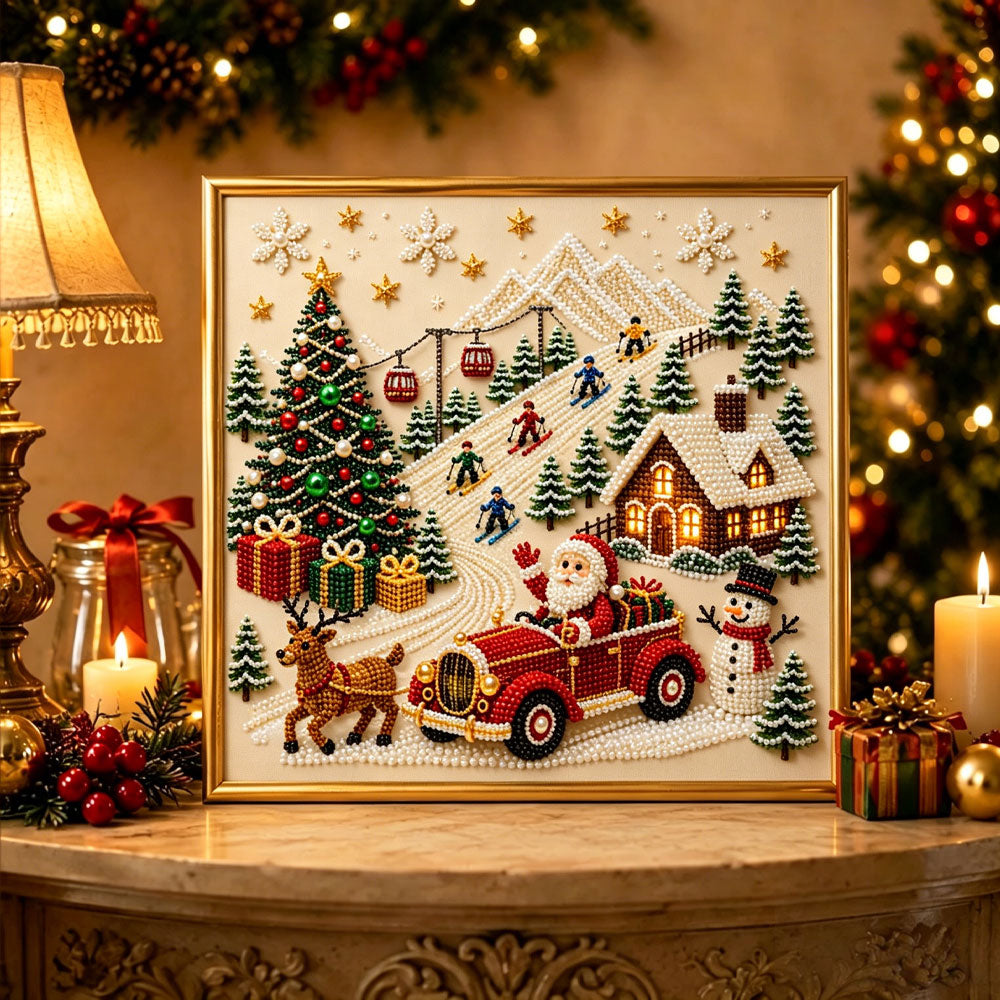 Finished santa ski holiday scene pearl diamond painting artwork displayed as holiday home decor